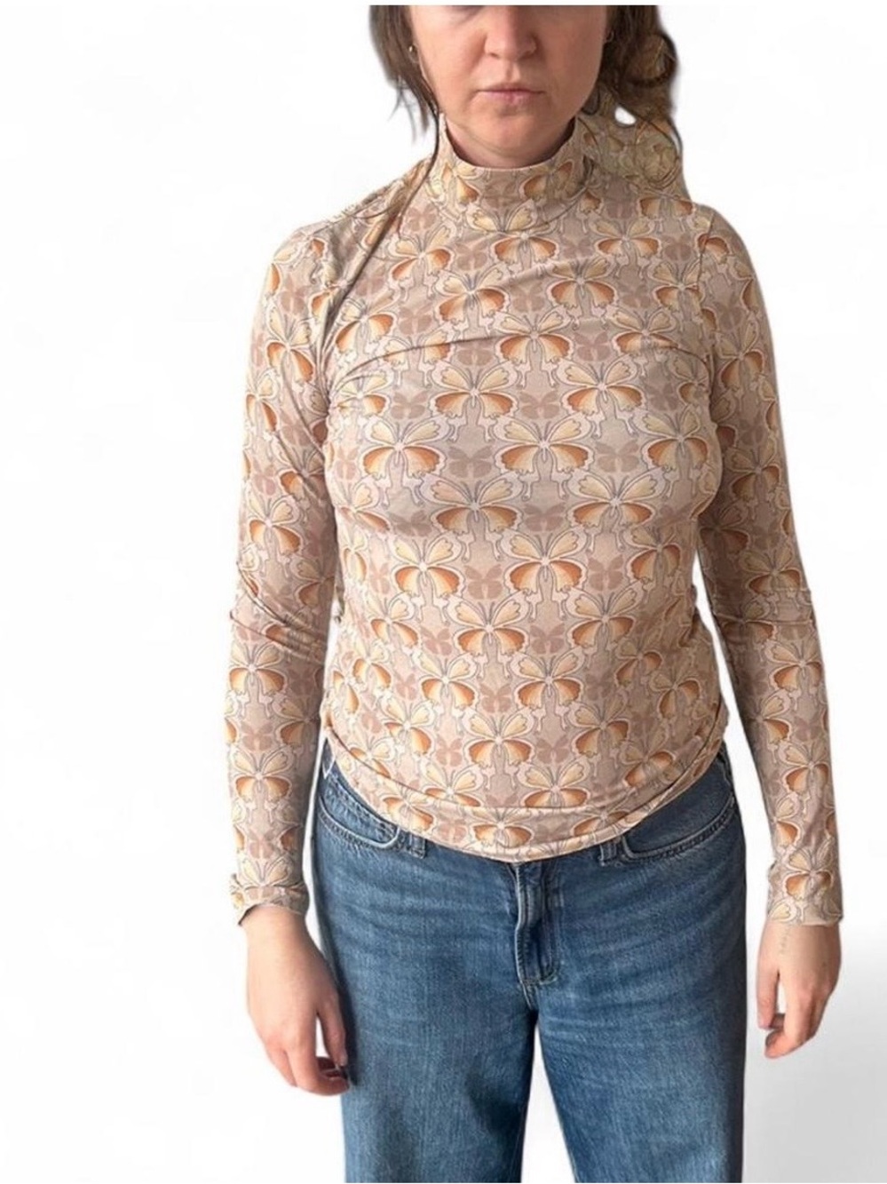 Women's Beige Floral Mock Neck Long-Sleeve Top